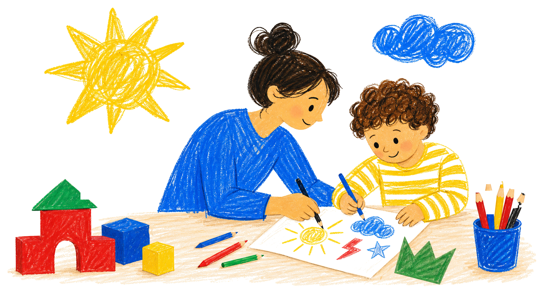 A nanny and child drawing together with colorful creative play materials