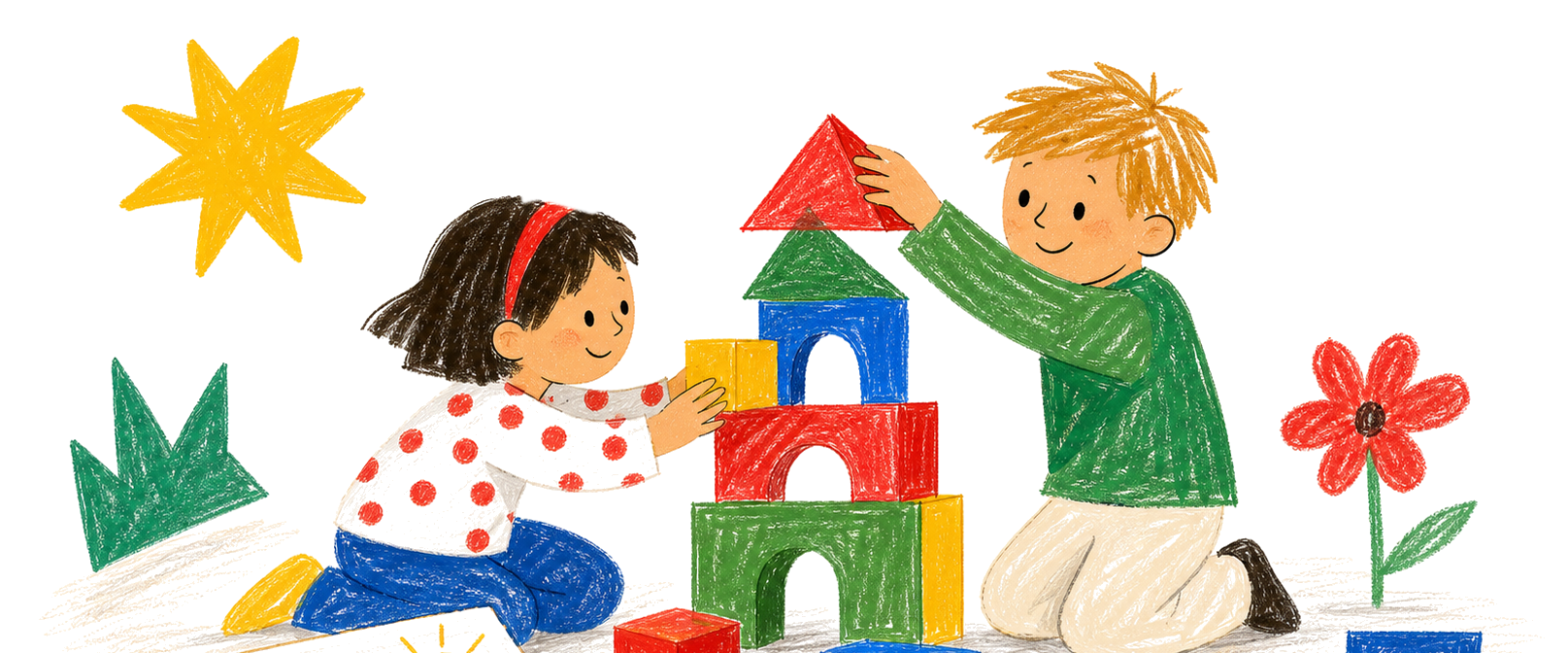 Children building with colorful blocks and creative learning materials